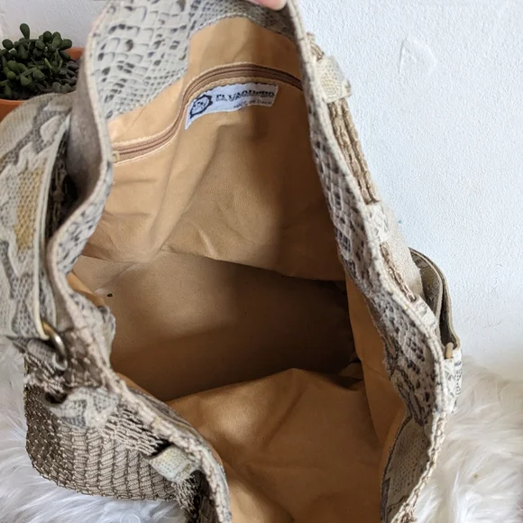 El Vaquero Beige Python Hobo Bucket Bag Purse Snakeskin Fishnet Linen - Picture 14 of 15